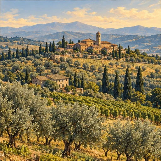 Illustrazione di vigneti, olivi e colline di Carmignano