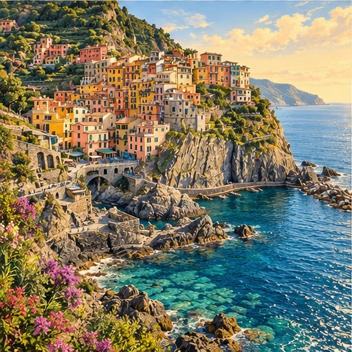 Illustrazione del borgo di Manarola sul mare delle Cinque Terre