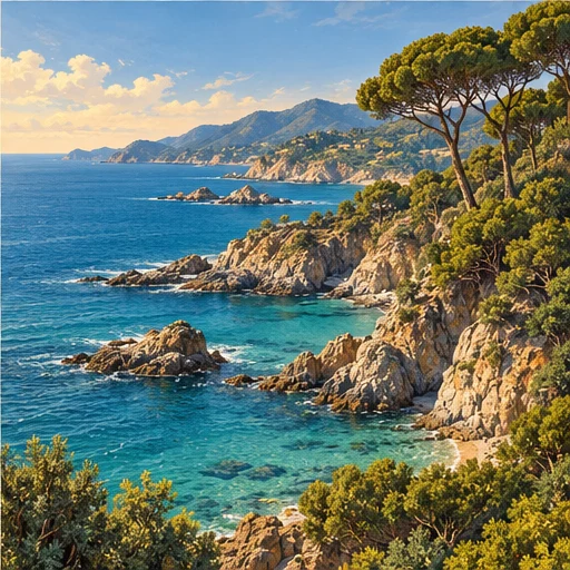 Illustrazione della costa toscana, tra mare e pini mediterranei