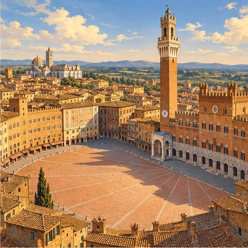 Illustrazione di Piazza del Campo e della Torre del Mangia a Siena